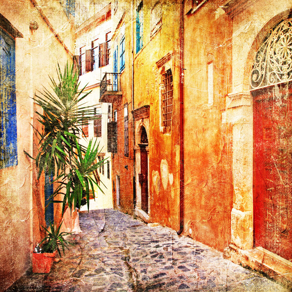 AS155 Wall décor art photographic on canvas street scene Santorini alley